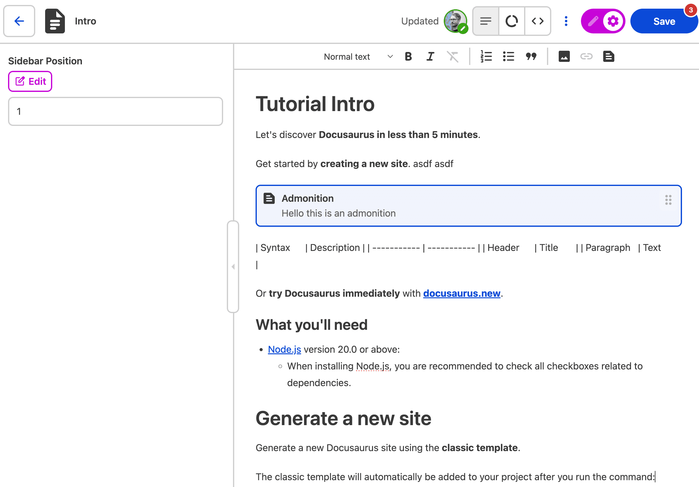 CloudCannon's editor — sidebar position lives in frontmatter, admonitions render as separate blocks