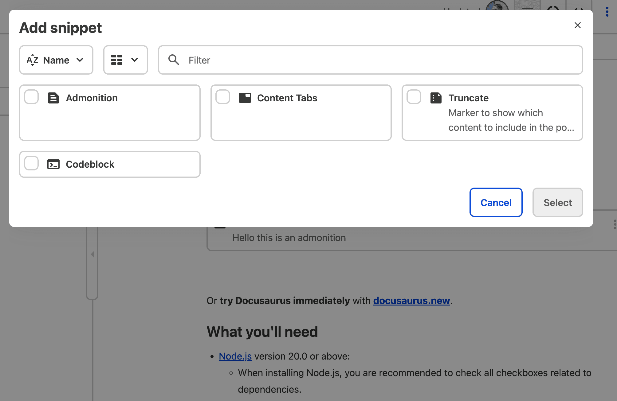 CloudCannon's snippet picker — admonitions, tabs, and code blocks insert as blocks, edited via separate forms