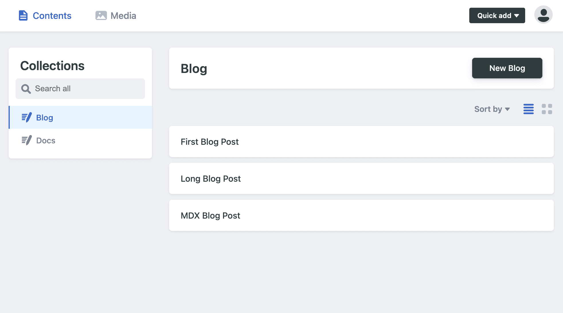 Decap's admin dashboard — collections on the left, entries on the right