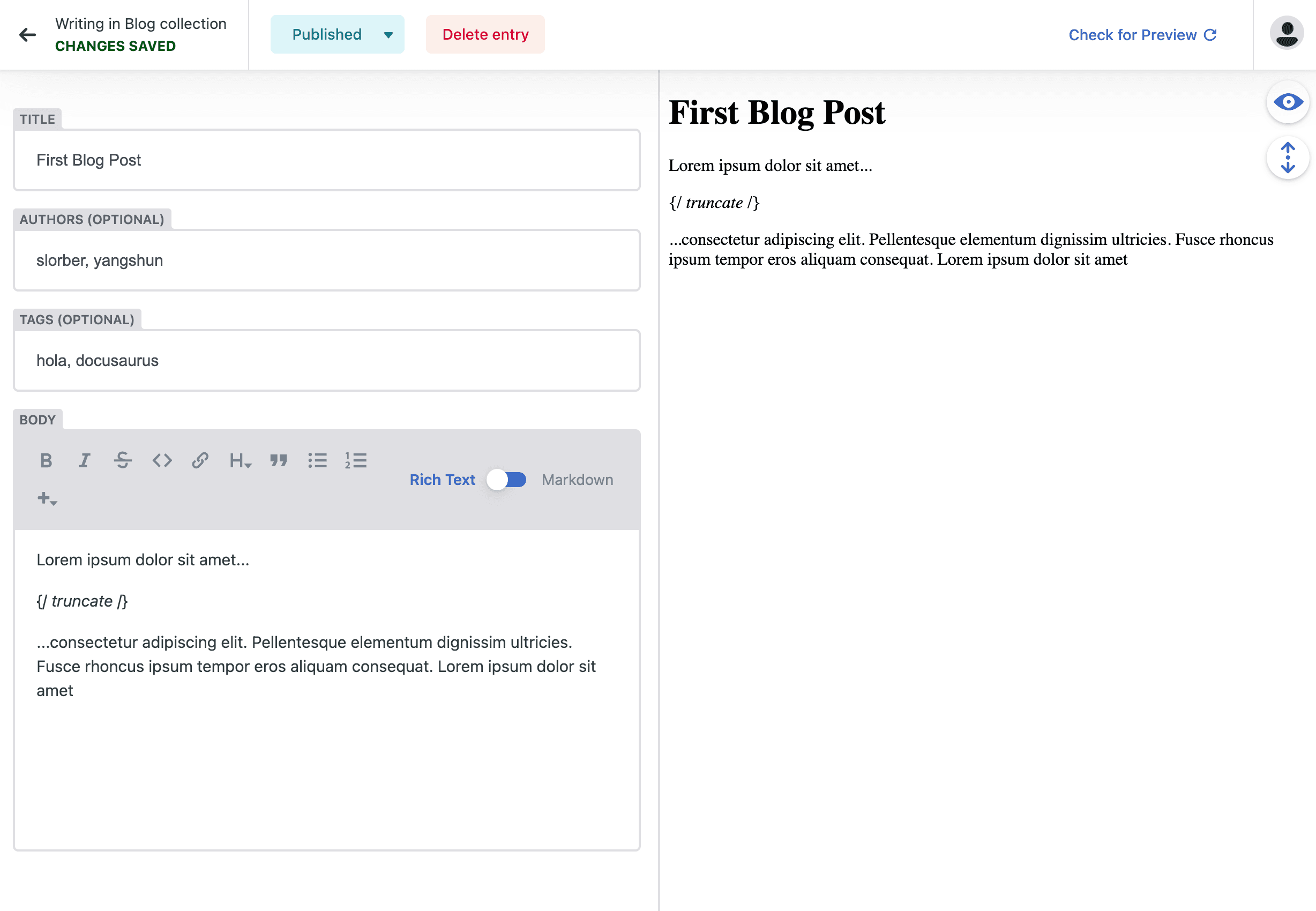 Decap's editor — basic formatting toolbar, and Docusaurus's truncate marker showing as literal text in the preview