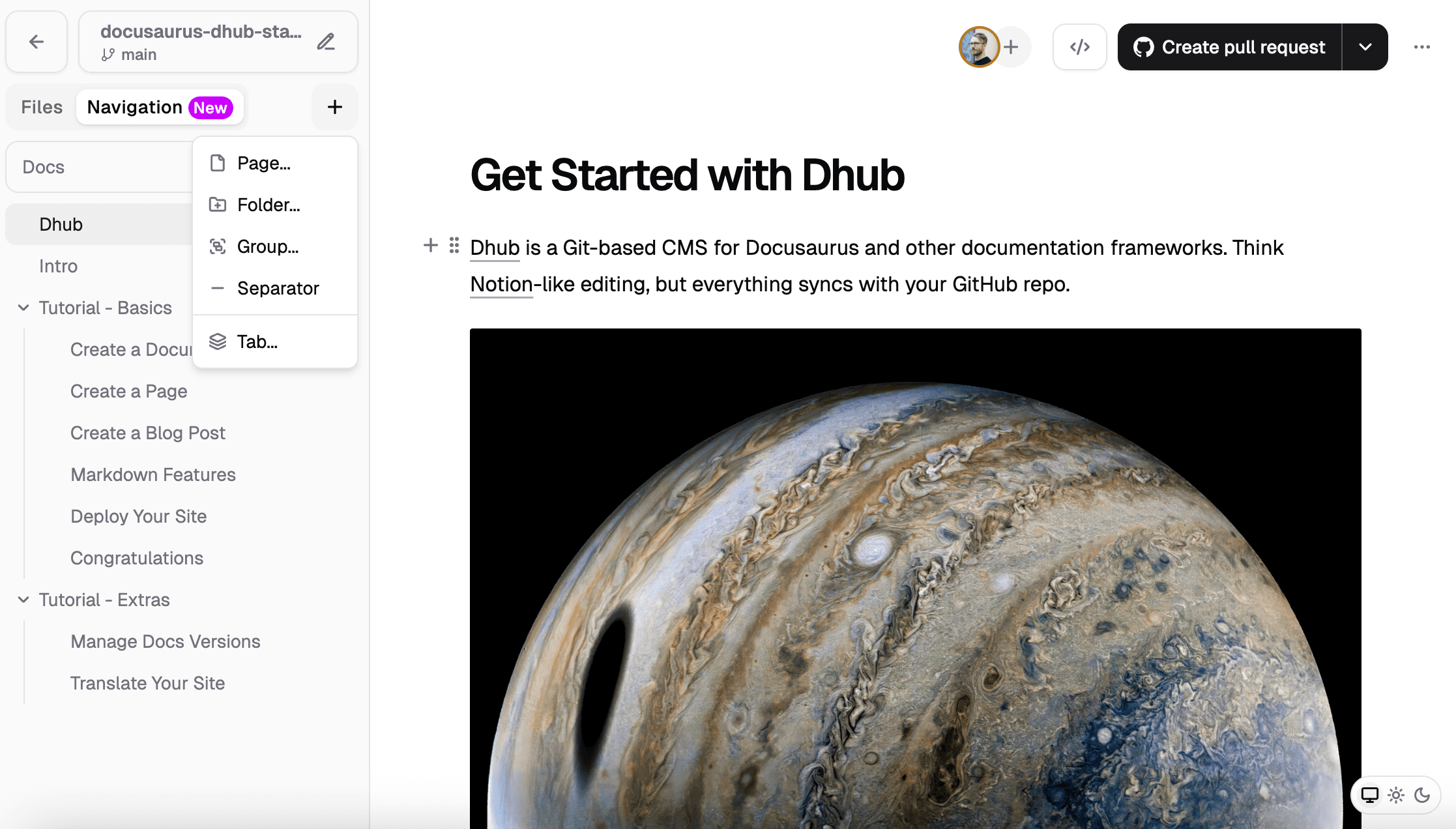 Dhub's Navigation panel — add pages, folders, groups, and tabs, drag to reorder, and the sidebar syncs to the repo