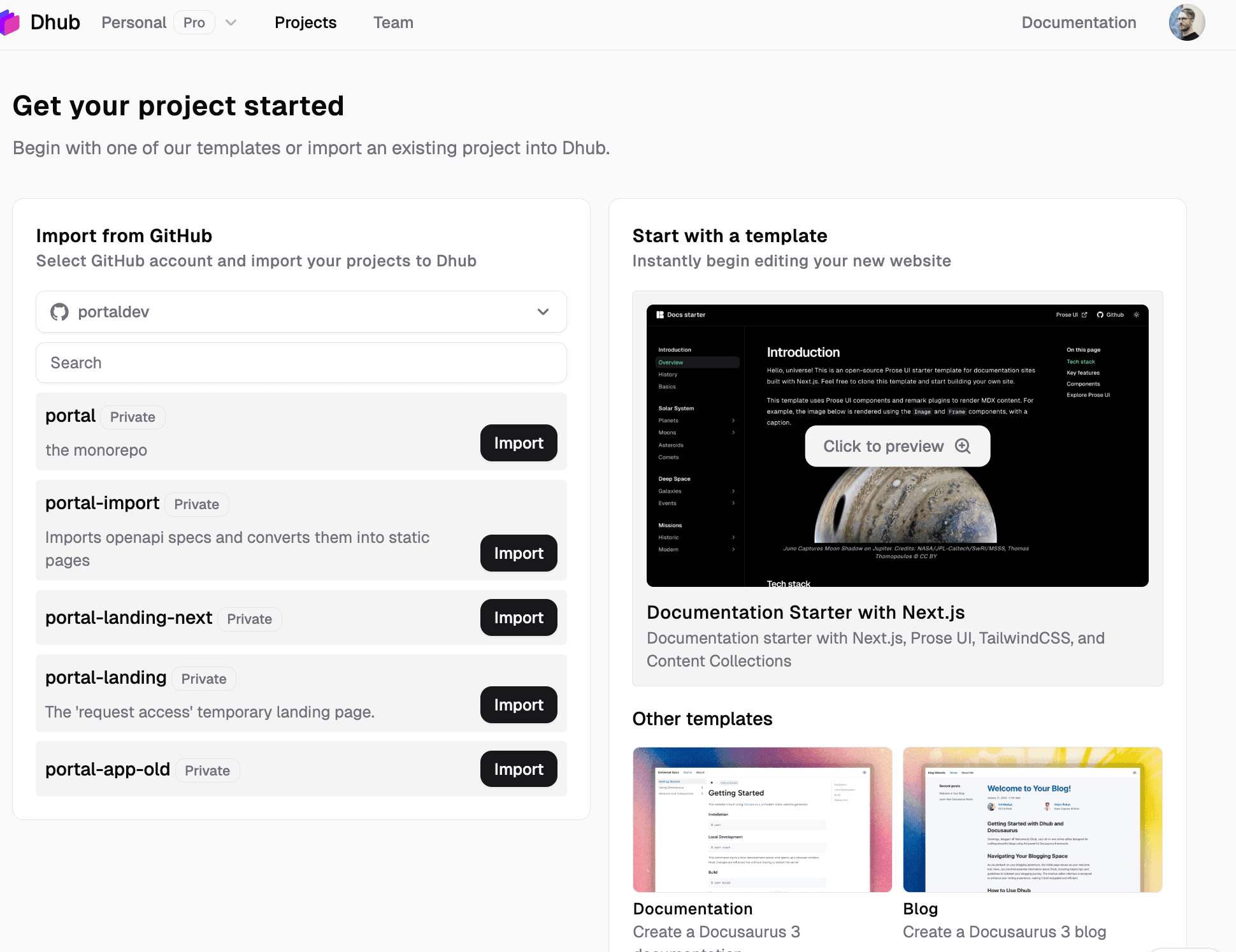 Dhub's project start screen — import an existing GitHub repo (monorepos included) or begin from a Docusaurus template