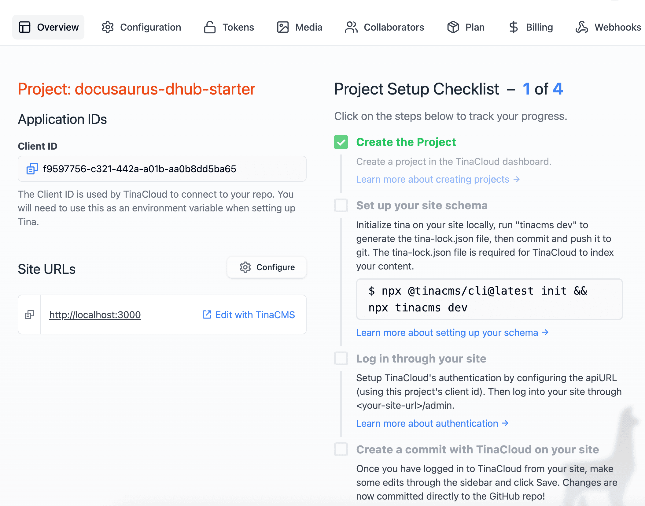 TinaCloud's project setup checklist — production editing runs through a TinaCloud project with a Client ID and token