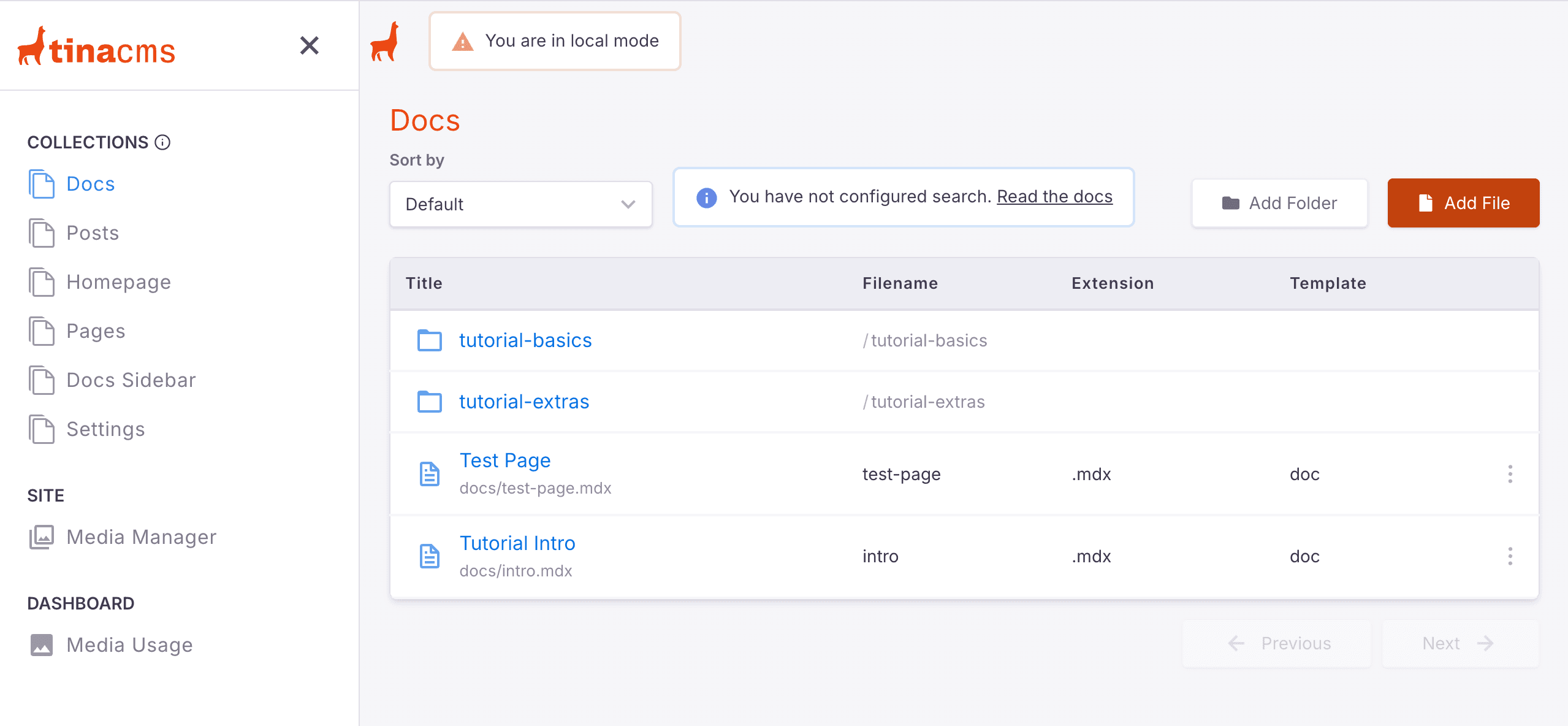 TinaCMS admin — collections view of the Tinasaurus starter