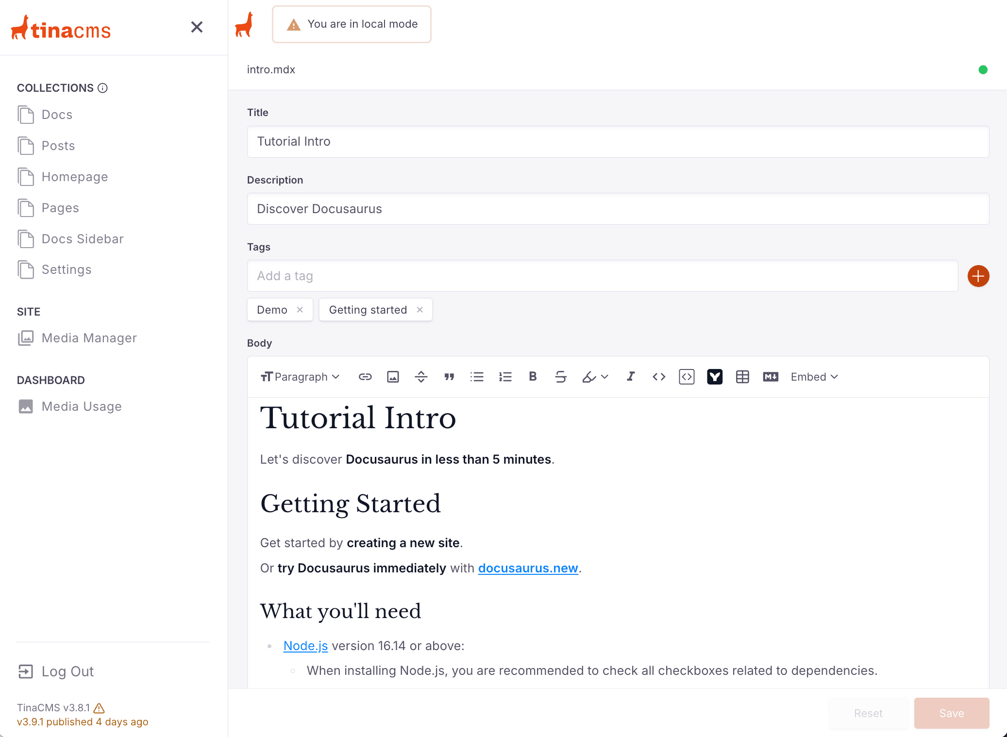 TinaCMS editor — frontmatter as form fields on top, rich-text body below