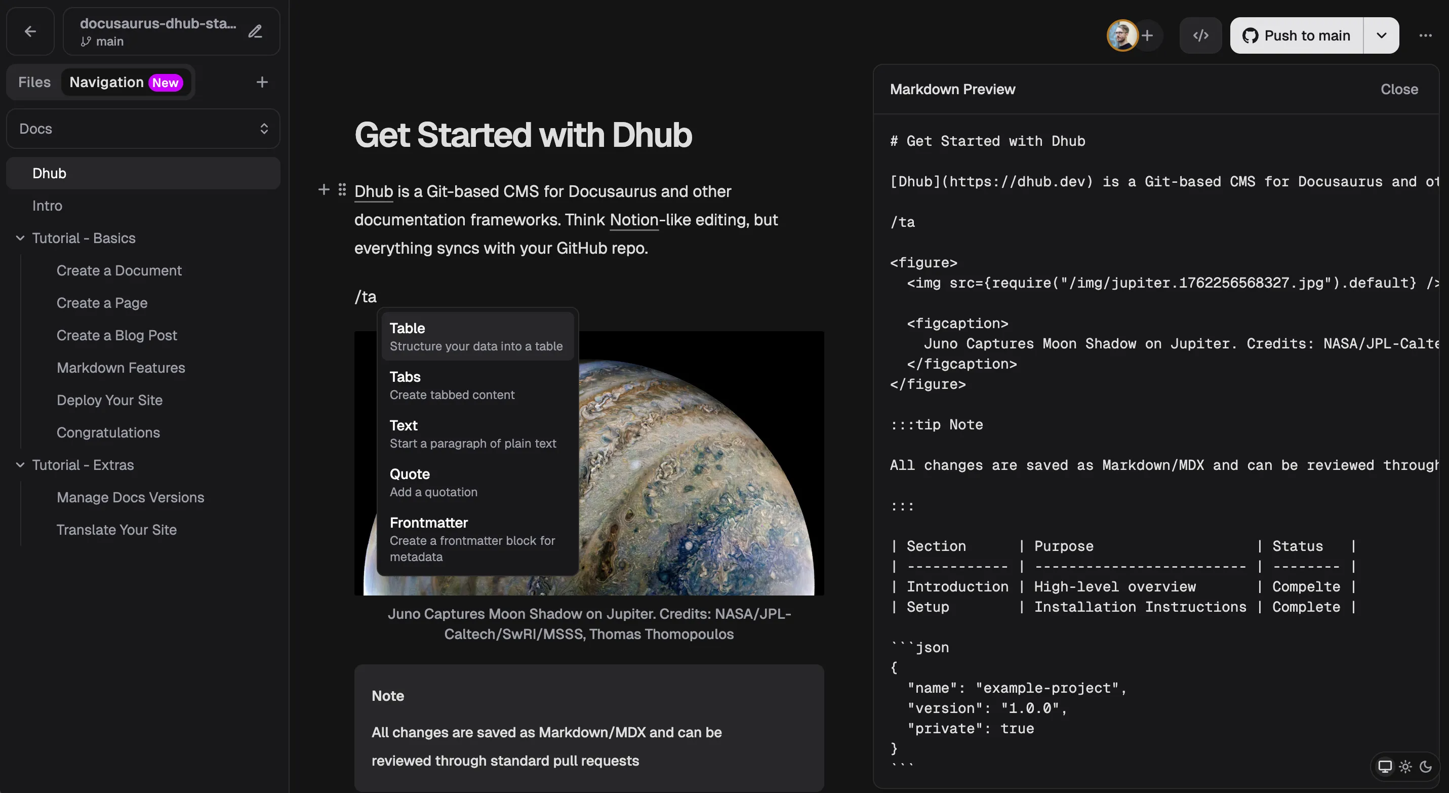 Dhub visual editor for Docusaurus documentation