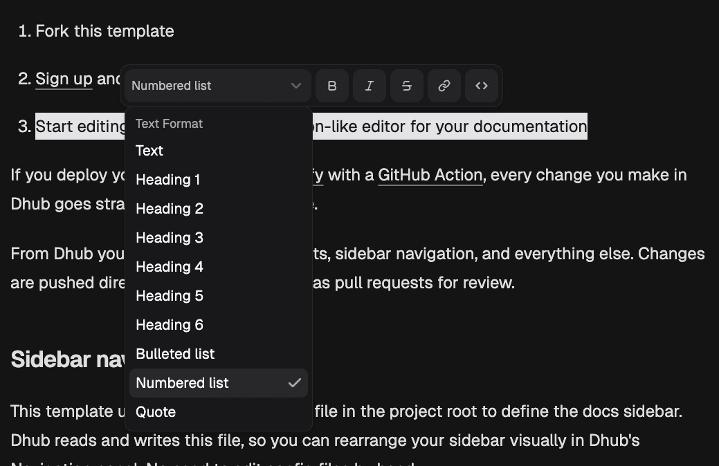 Bubble menu for text formatting